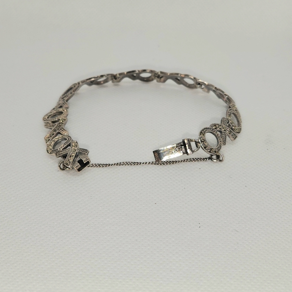 Sterling Silver Marcasite Wide XO Link Bracelet with Safety Chain - Picture 4 of 4